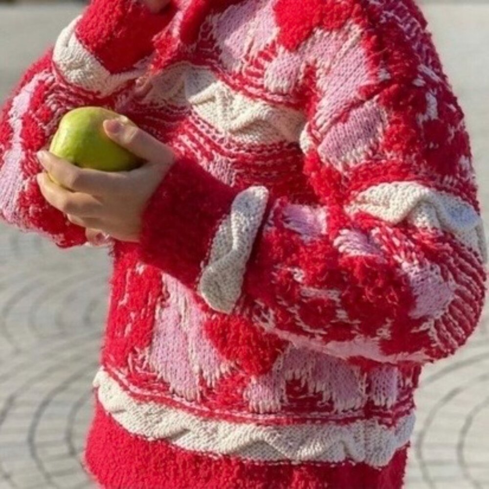 Zara | oversized chunky knit sweater red pink white S